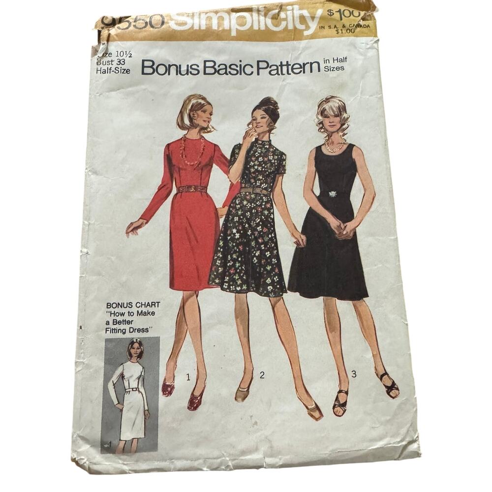 Vintage 1971 Simplicity Sewing Pattern 9550 Basic Dresses Size 10 1/2 Bust 33
